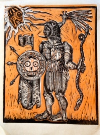 The Great War God, Huitzilopochtli, 2014, relief print on paper, 9 by 12" , artist's proof