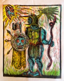 The Great War God, Huitzilopchtli, 2014, relief print on paper, 9 by 12" , artist's proof