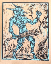 Blue Krampus!II, 2014, relief print on paper, 9 by 12"