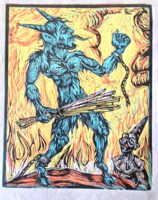 Blue Krampus!, 2014, relief print on paper , 9 by 12"