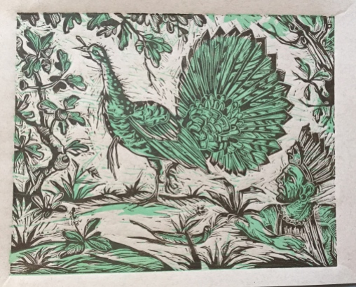 The Feather Hunter, 2014, relief print on paper , 9 by 12"