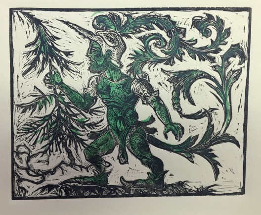 The Green Knight 2015 relief print on paper, image size 8 by10"