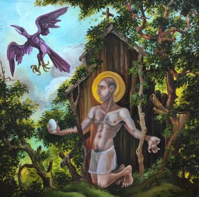 St. Kevin and the Blackbird 2016 oil on panel 12 by 12"