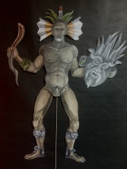 Jumping Tlaloc, 2015, painted cardboard, brads and string, 36 by 48"