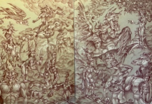 The Labors of Herakles 2019 Sanguine with white charcoal highlights, on toned paper Diptych, total 24 by 36 inches